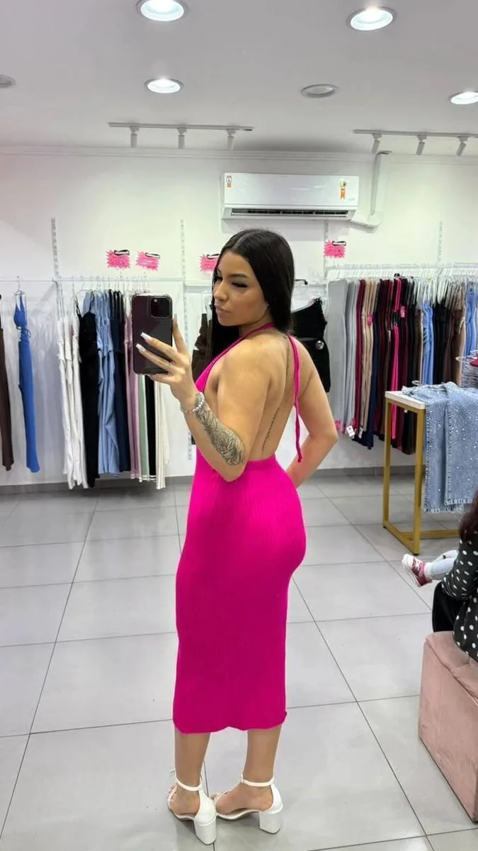 Vestido Modal Com Decote No Peito e Amarração No Pescoço Rosa - foto 2