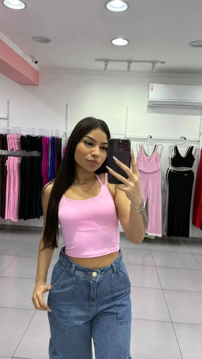 Cropped Poliamida Com Alcinha e Amarração Rosa - foto 1