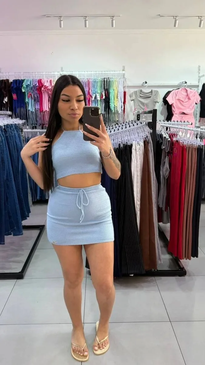 Conjunto Luxxo Croped Com Ajuste No Pescoço E Na Cintura Azul - foto 1