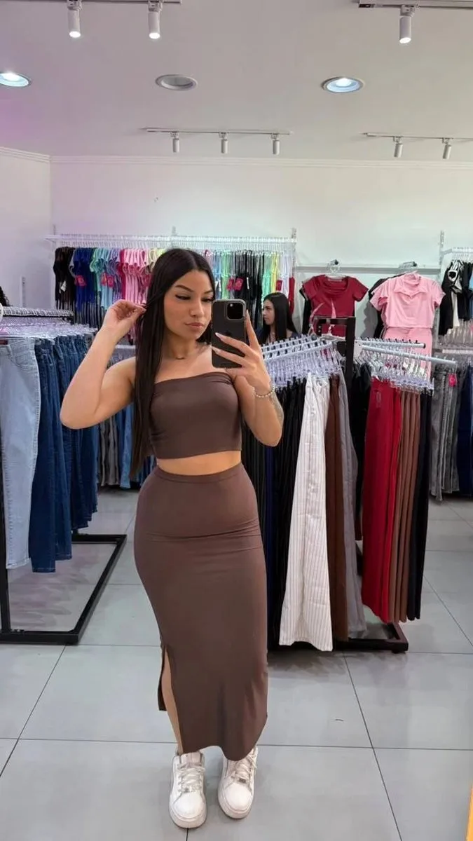 Conjunto Saia Longa Com Top Faixa De Suplex Marrom - foto 1