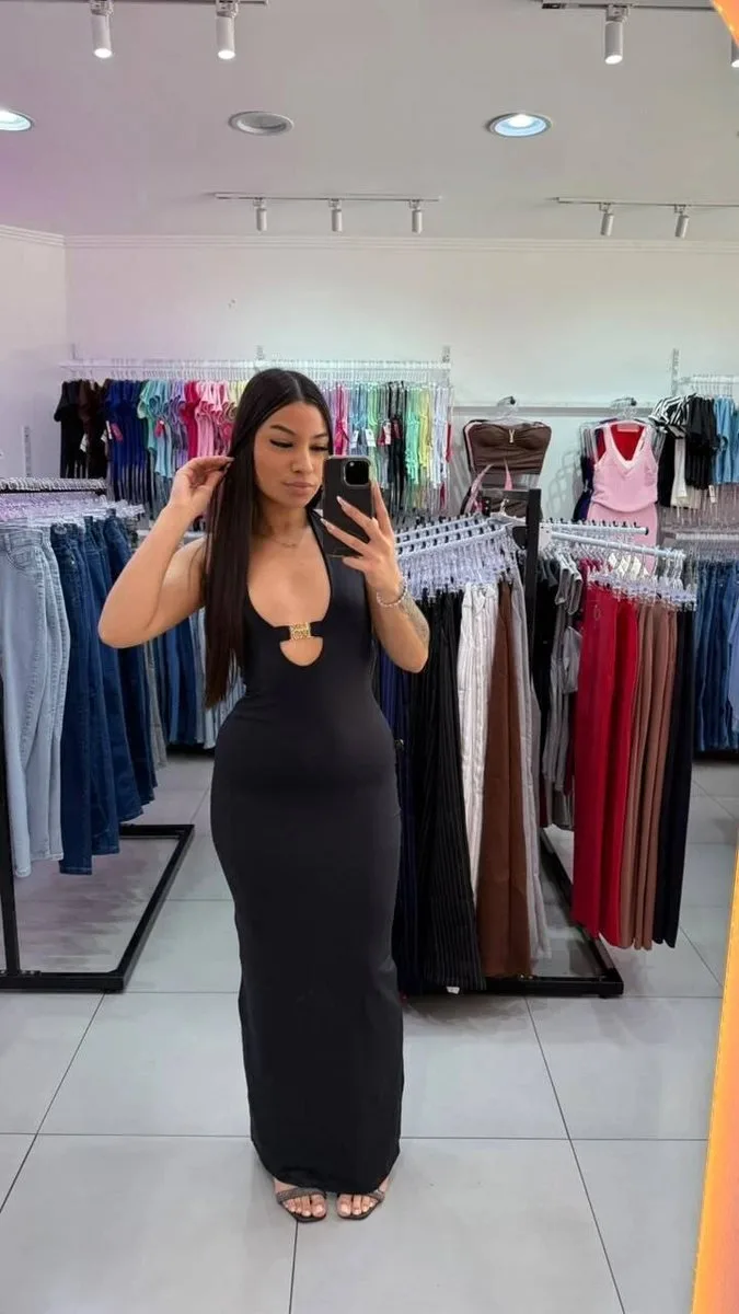 Vestido Luxxo Em Poliamida Com Decote E Joia Em Dourado E Costas Abertas Preto - foto 1