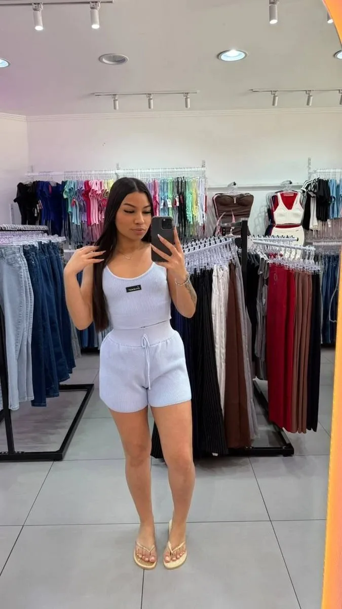 Conjunto Short Com Regata Crooped Em Modal Azul Claro - foto 1