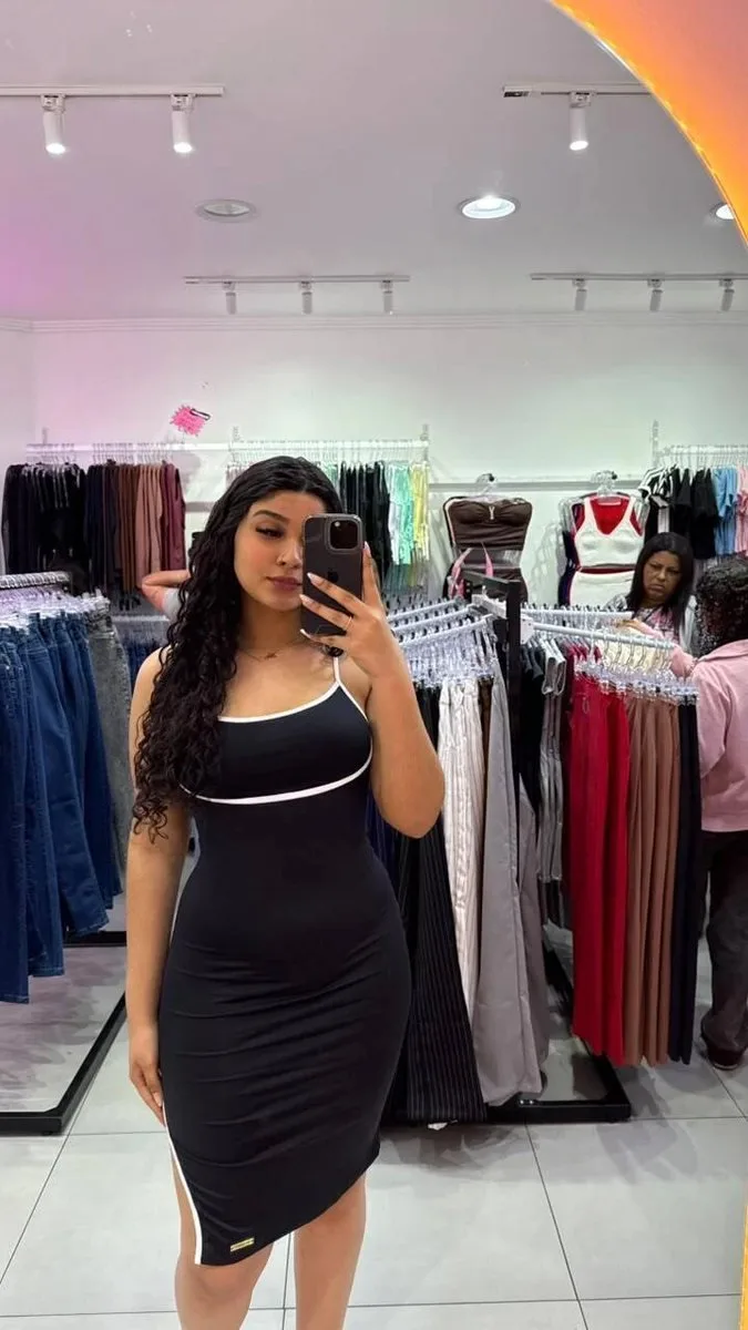 Vestido Luxxo Em Poliamida Mid Com Alcinha e Detalhe Na Costura Branco Com Preto - foto 1