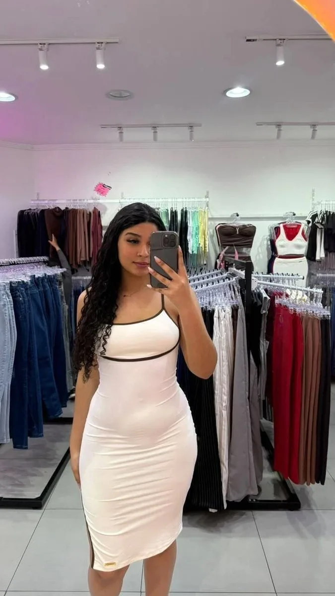 Vestido Luxxo Em Poliamida Mid Com Alcinha e Detalhe Na Costura Preto Com Branco - foto 1
