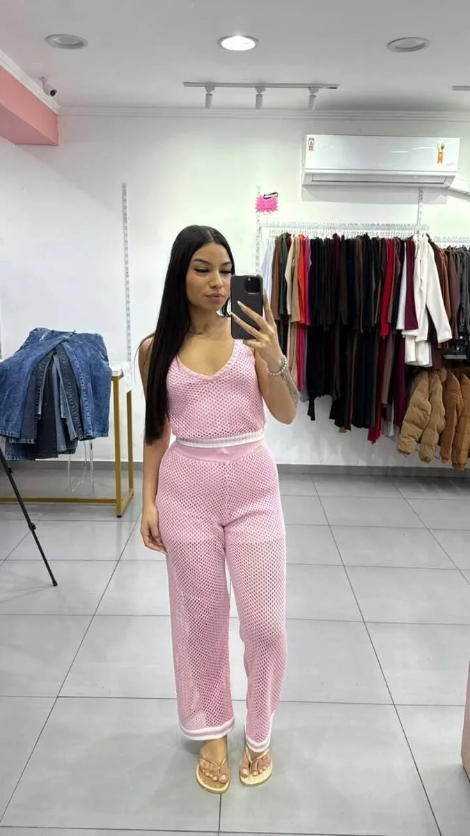 Conjunto Luxxo Regata e Pantalona em Tricô Moda Praia Rosa - foto 1