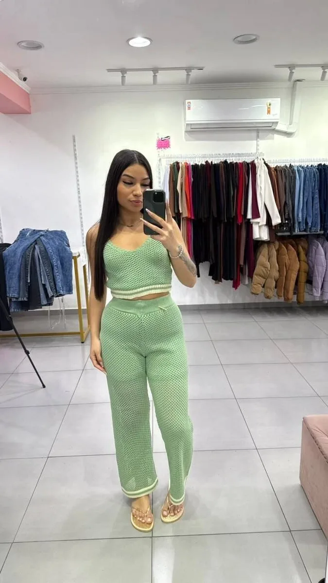 Conjunto Luxxo Regata e Pantalona em Tricô Moda Praia Verde - foto 1