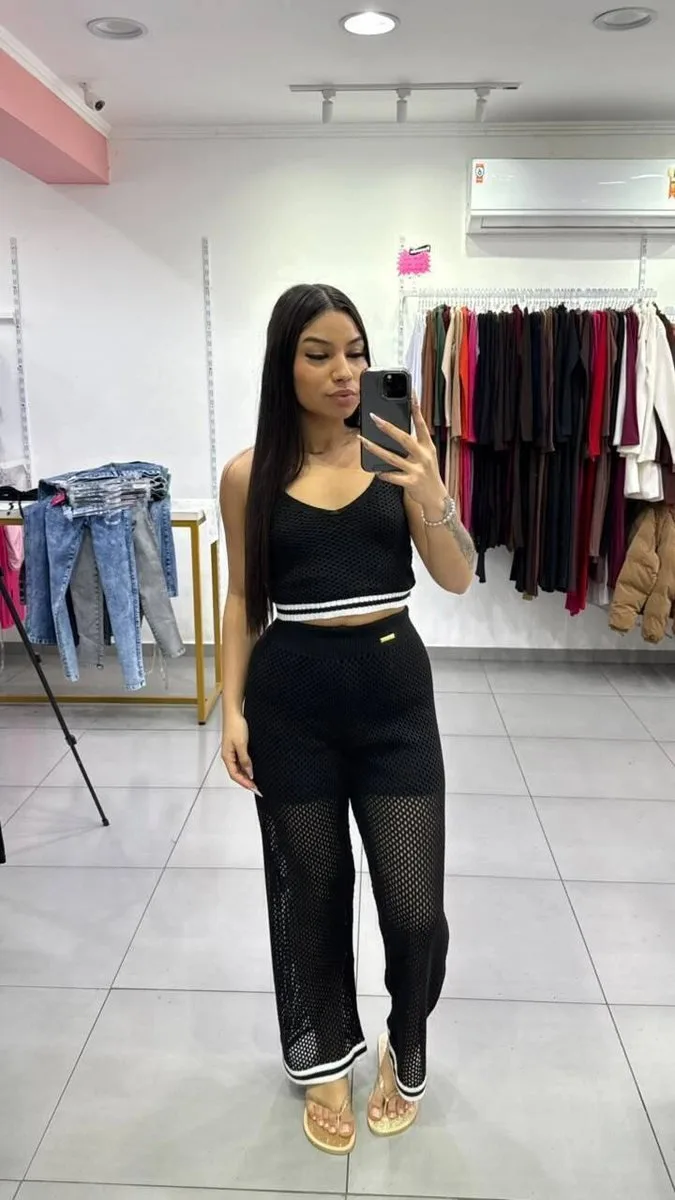 Conjunto Luxxo Regata e Pantalona em Tricô Moda Praia Preto - foto 1