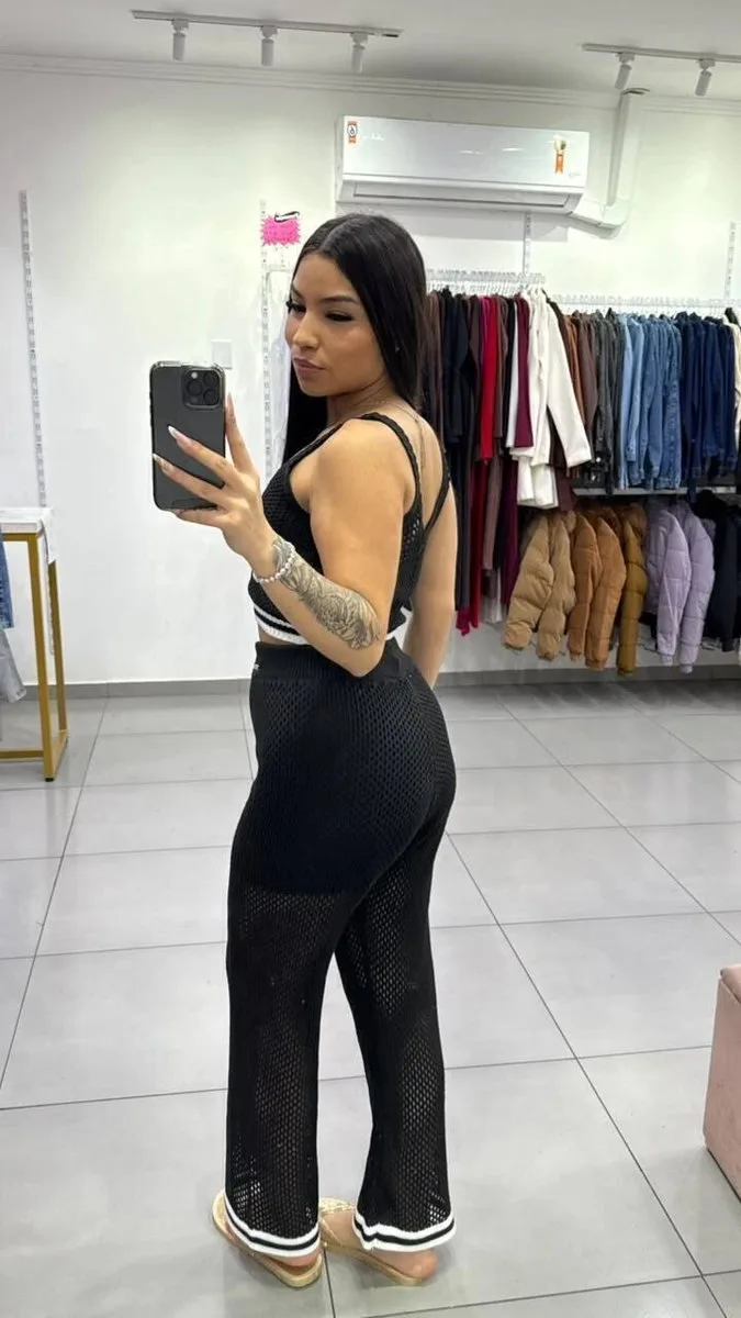 Conjunto Luxxo Regata e Pantalona em Tricô Moda Praia Preto - foto 2