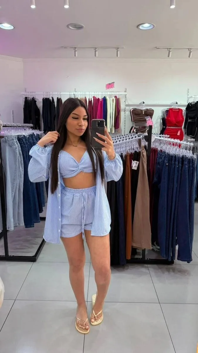 Conjunto Listrado 3 Peças Azul Claro Com Branco - foto 1