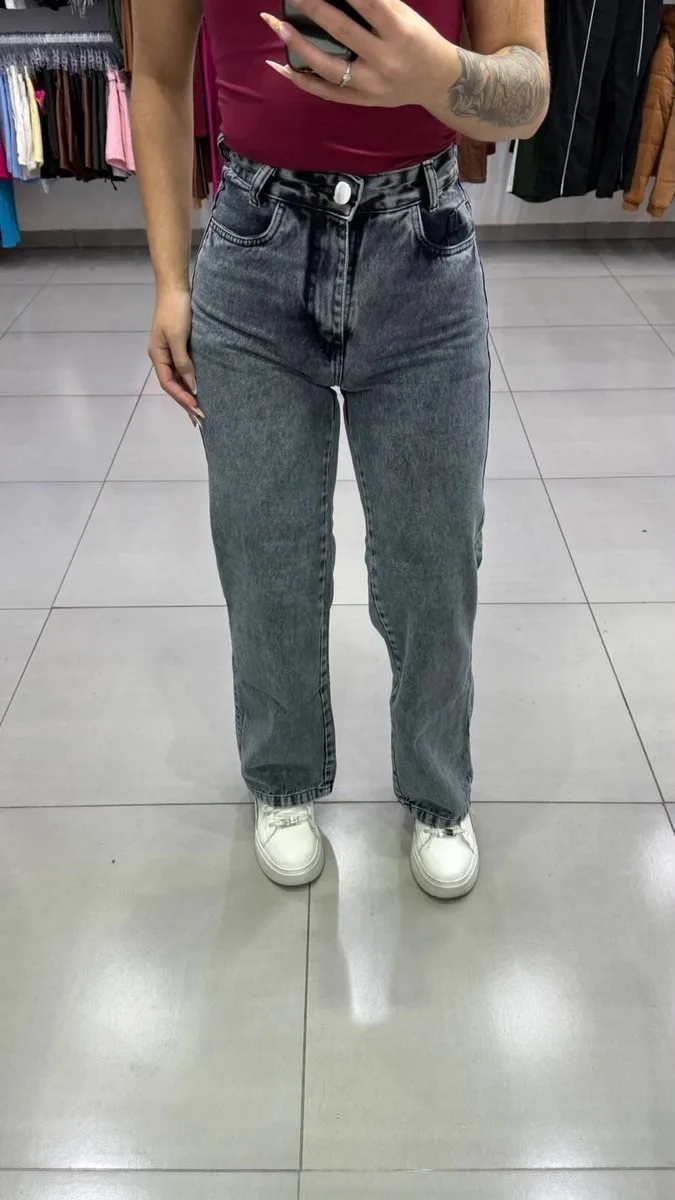 Calça Jeans Wide Leg Marmorizada Mist Wash Botão Prata - foto 1