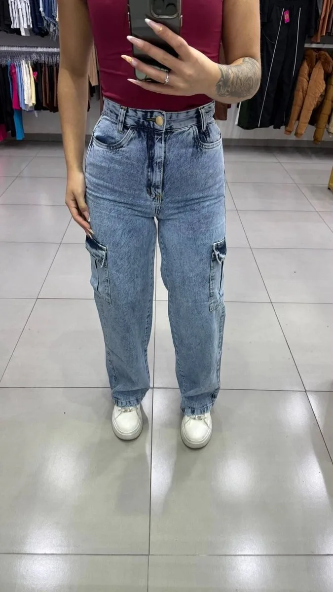 Calça Jeans Wide Cargo Lunarmarmori Botão Dourado - foto 1