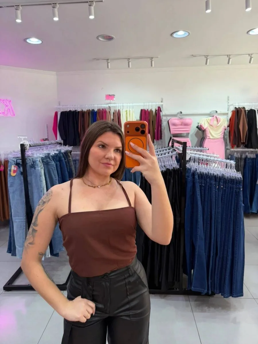 Cropped Viscose Alça Fina E Amarração Nas Costas Marrom - foto 2