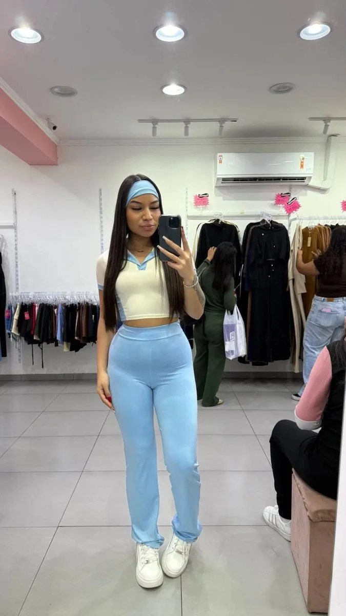 Conjunto Suplex Cropped e Calça + Faixa Azul Claro - foto 1