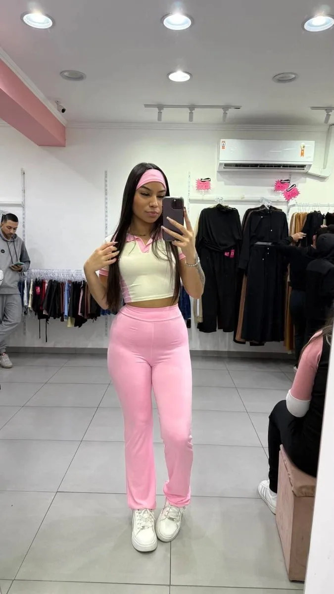 Conjunto Suplex Cropped e Calça + Faixa Rosa - foto 1