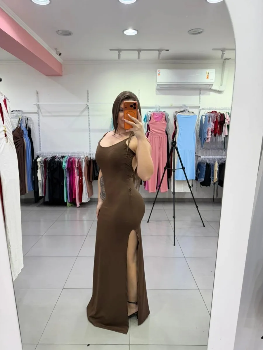 Vestido Luxxo Com Fenda Lateral e Costa Nua Marrom - foto 1
