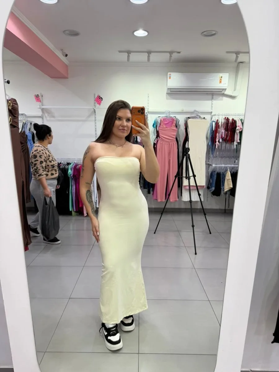 Vestido Poliamida Longo Tomara Que Caia Elegance Fenda Na Lateral Branco - foto 1