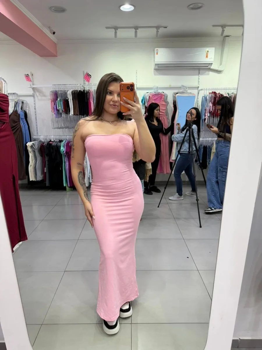 Vestido Poliamida Longo Tomara Que Caia Elegance Fenda Na Lateral Rosa Fraco - foto 1