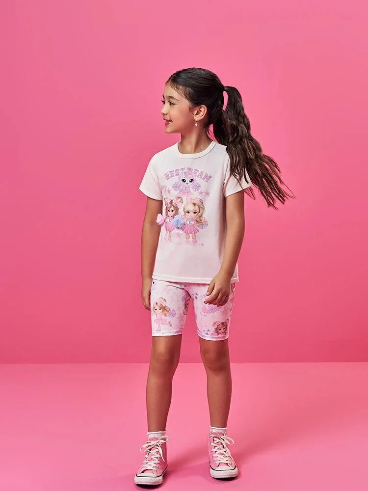 Conjunto Infantil Menina Cheerleader com Bermuda Ciclista Estampada Natural/Rs Confete - foto 1