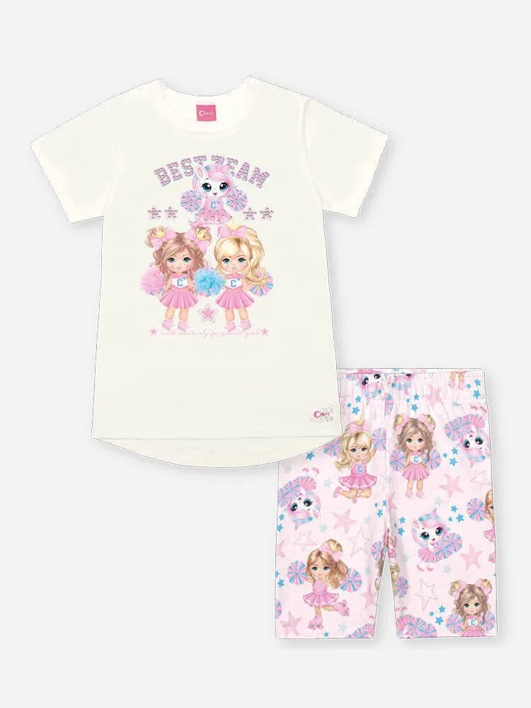 Conjunto Infantil Menina Cheerleader com Bermuda Ciclista Estampada Natural/Rs Confete - foto 2