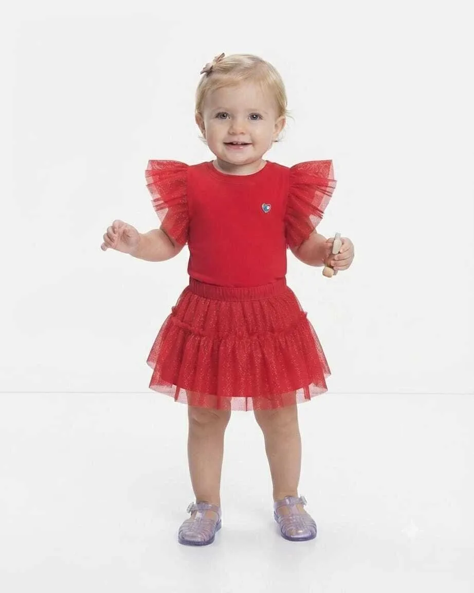 Body Bebê Menina Canelado com Mangas em Tule Foil - Vermelho - foto 1