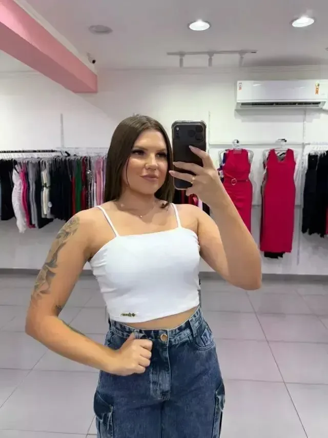 Cropped Luxxo Canelado Com Bojo Alça Fina Branco - foto 1
