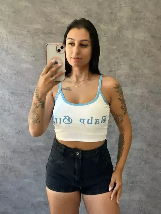 Cropped Canelado Baby Girl Com Alça Fina Bicolor Branco - foto 1