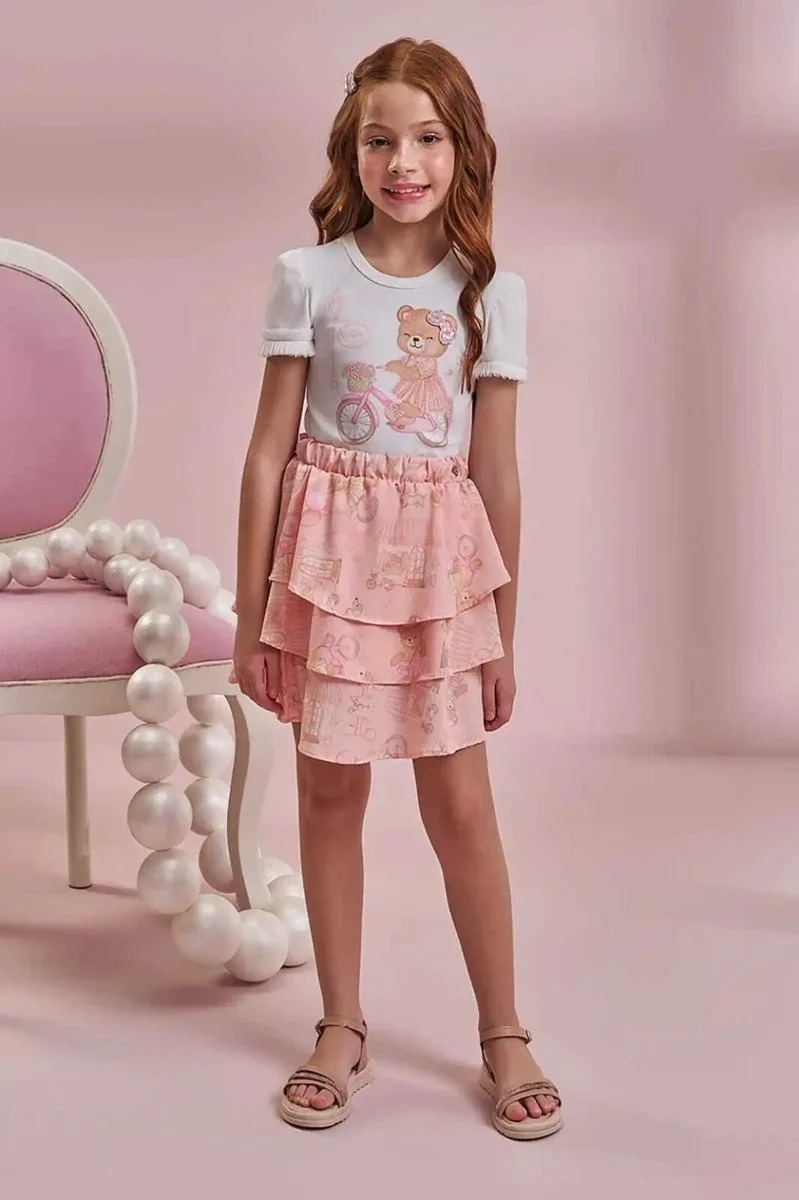 Conjunto de Blusa em Cotton e Saia em Light Peach (com Shorts Embutido) Kukiê Infantil Menina - foto 1