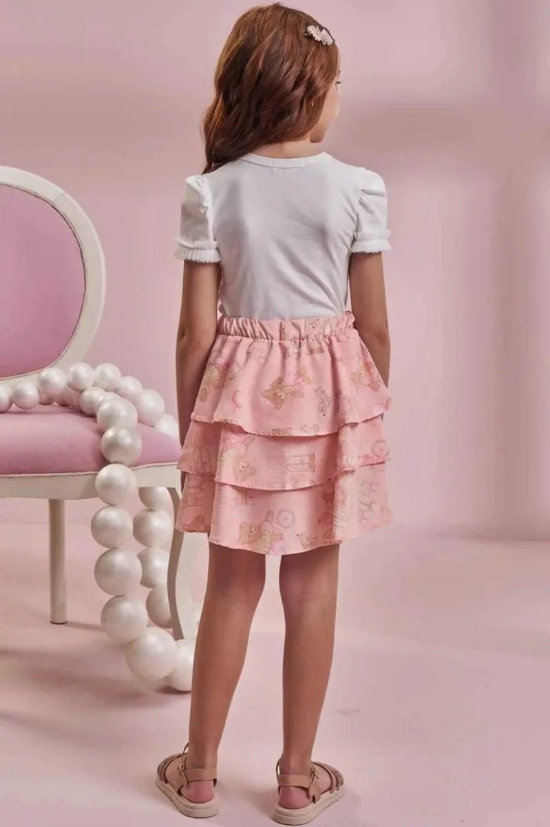 Conjunto de Blusa em Cotton e Saia em Light Peach (com Shorts Embutido) Kukiê Infantil Menina - foto 2
