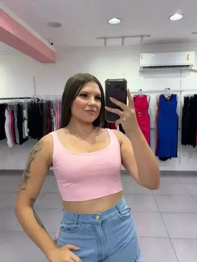 Cropped Canelado Com Alça Grossa Rosa - foto 1