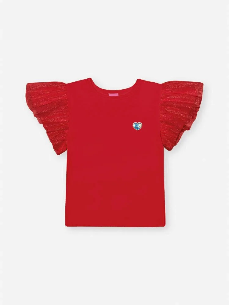 Blusa Cinti Manga Curta com Manga em Tule - Natural/ Vermelha - Vermelho - foto 1