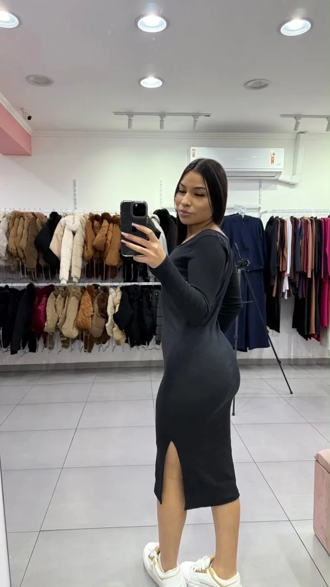 Vestido Ribana Mídi Com Gola Quadrada Preto - foto 2