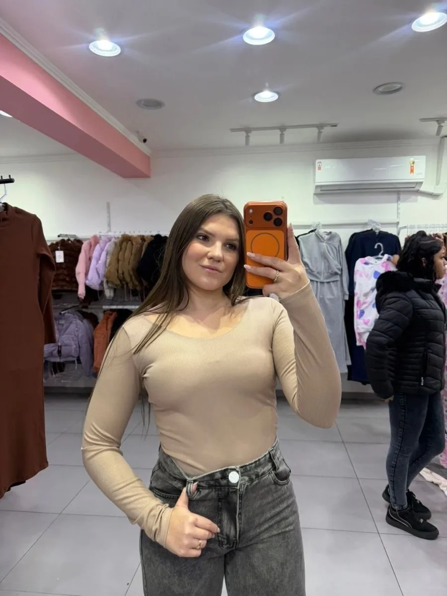 Body Canelado Térmico Trançado Nas Costas Com Manga Longa Nude - foto 1