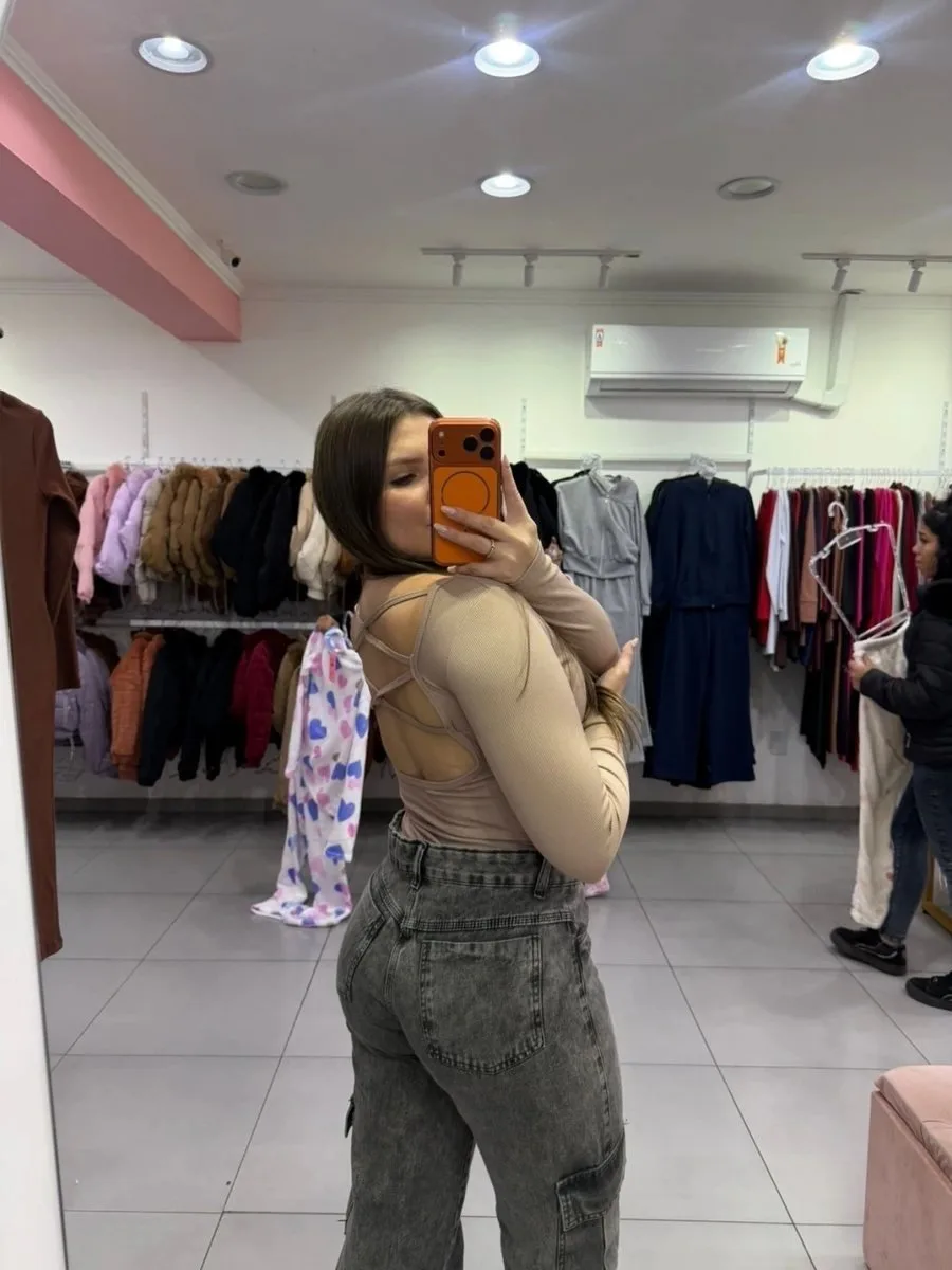 Body Canelado Térmico Trançado Nas Costas Com Manga Longa Nude - foto 2
