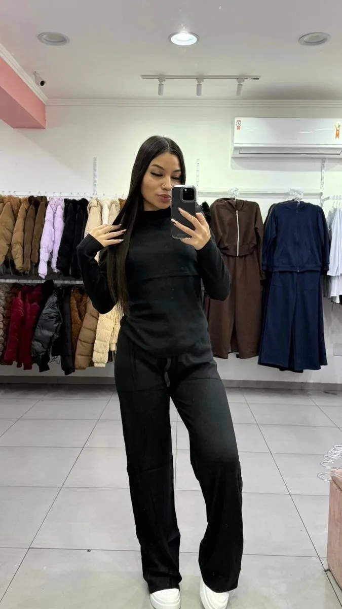 Conjunto Mousse Blusa Básica Com Calça Pantalona Preto - foto 1