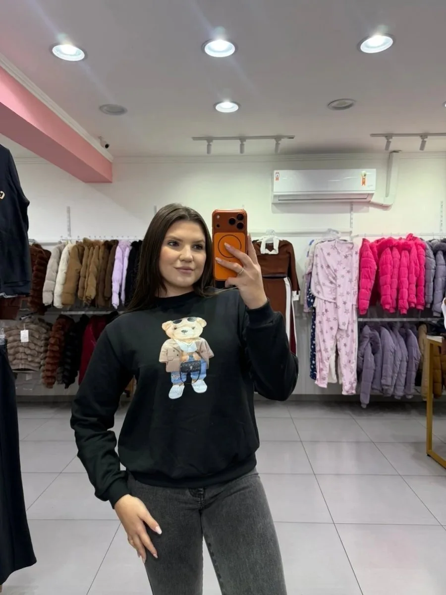 Blusa Moletom Estampa Urso Preto - foto 1