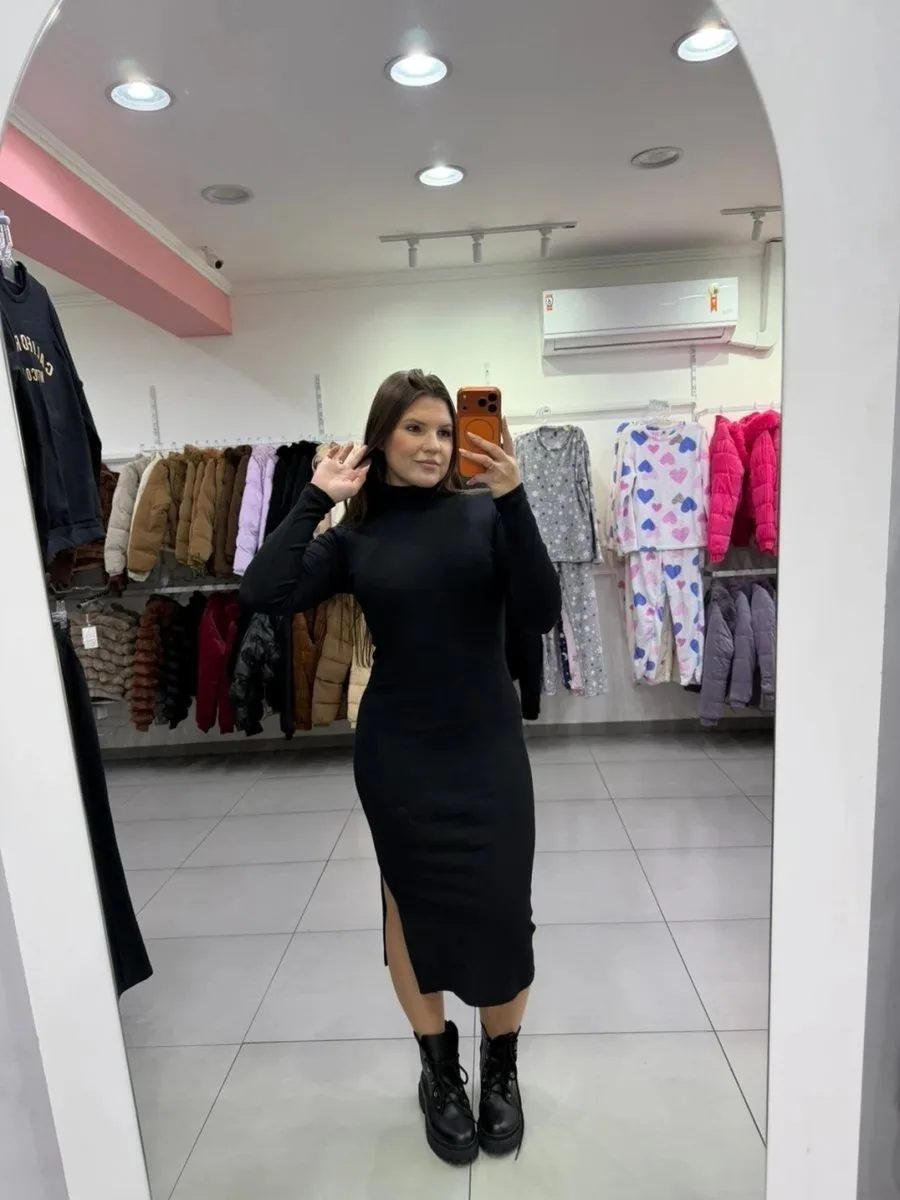 Vestido Mídi Ribana Com Gola E Fenda Lateral Preto - foto 2