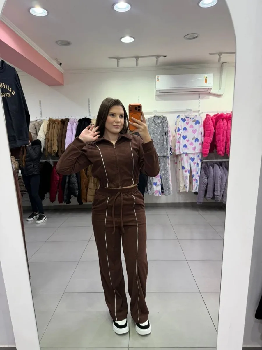 Conjunto Cotelê Casaco Curto Com Zíper E Calça Linha Branca Marrom - foto 1