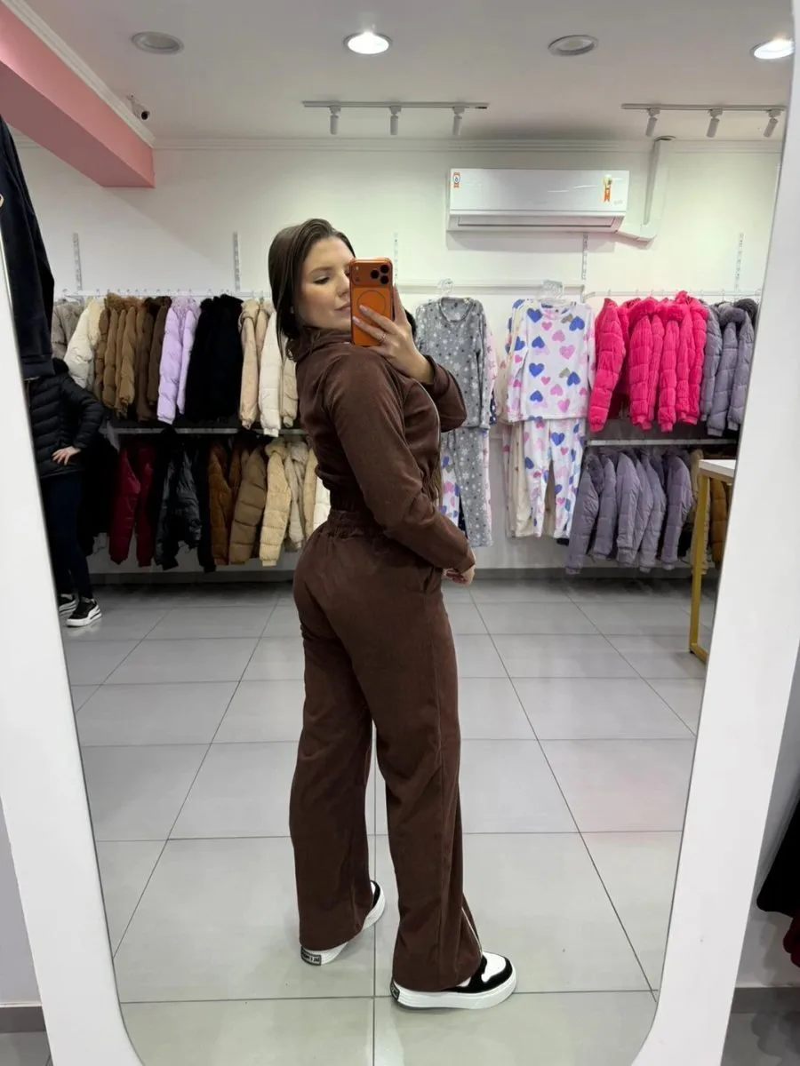 Conjunto Cotelê Casaco Curto Com Zíper E Calça Linha Branca Marrom - foto 2