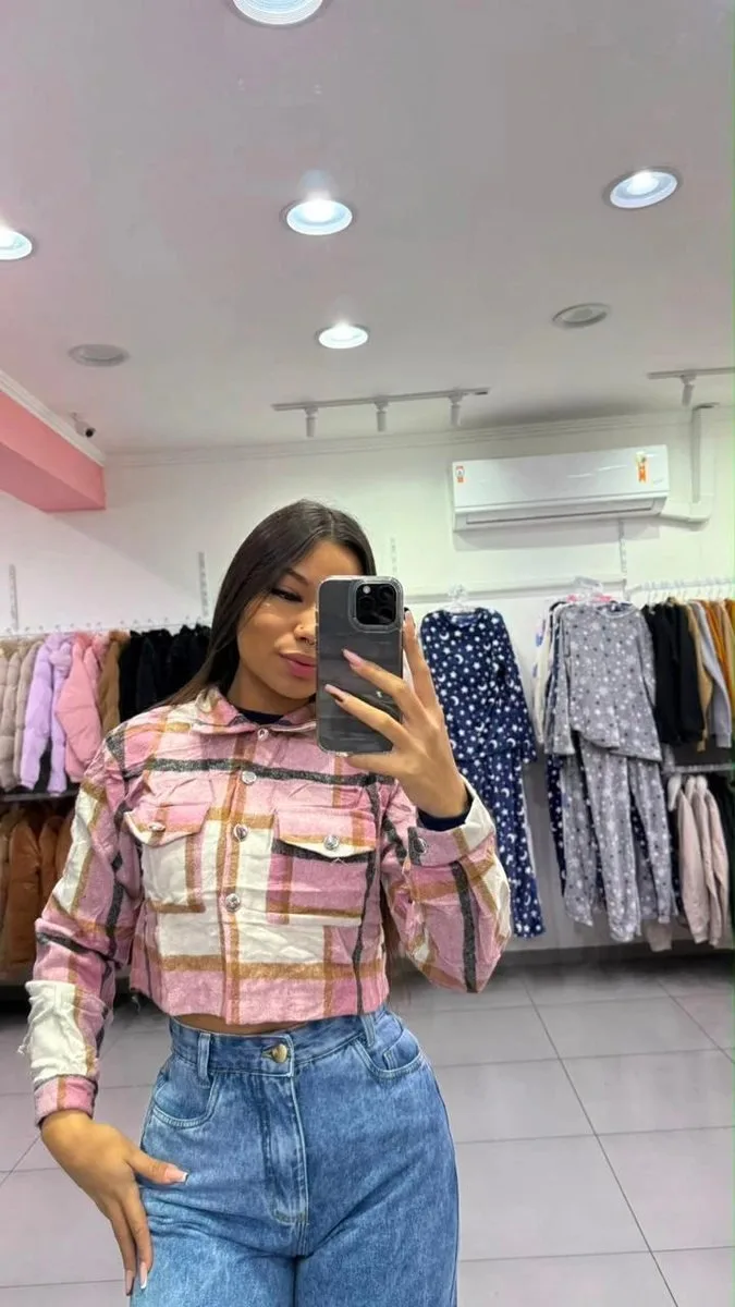 Cropped Franelado Xadrez Rosa - foto 1