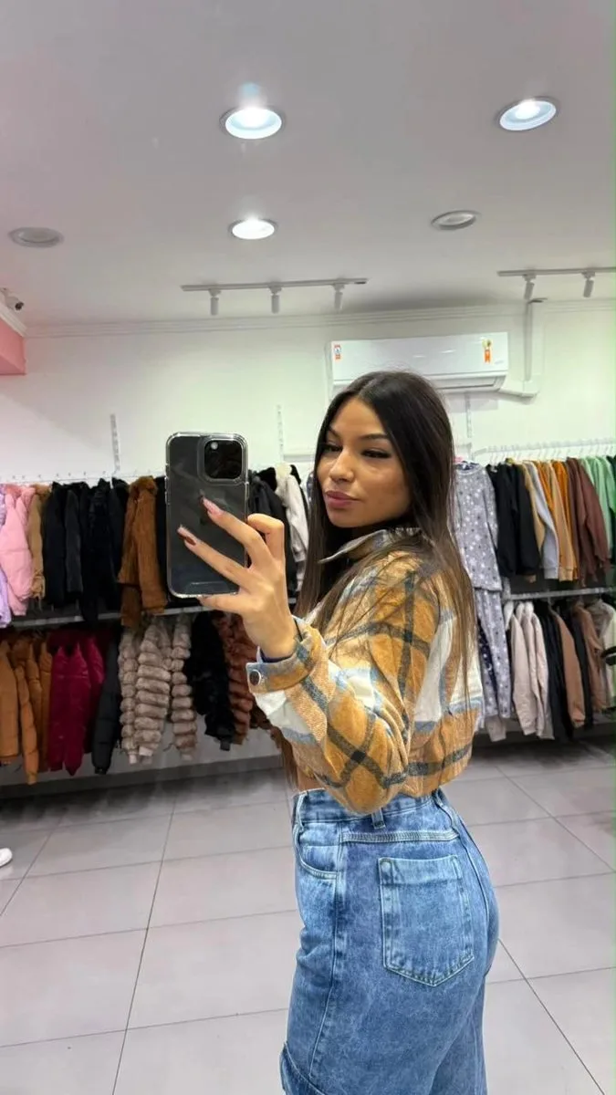Cropped Franelado Xadrez Marrom - foto 2