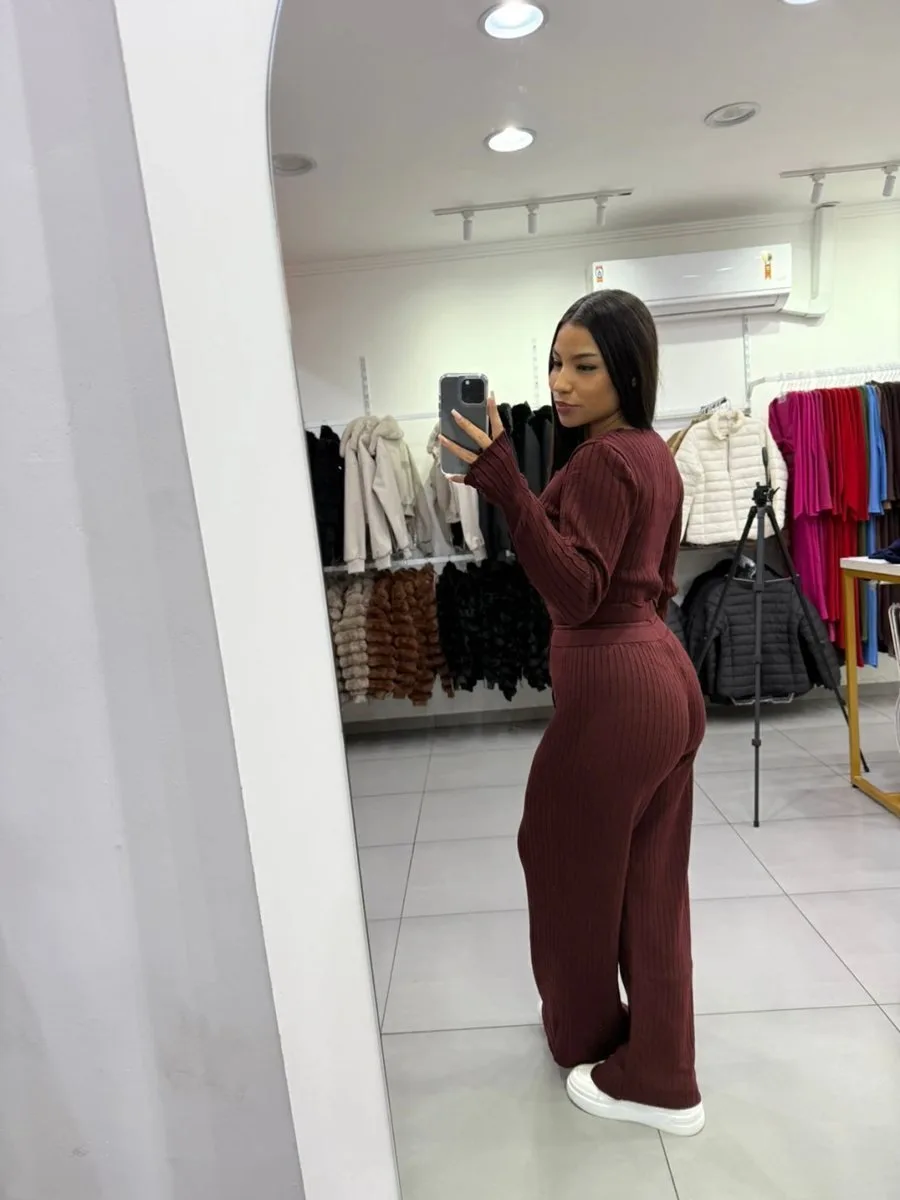 Conjunto Luxxo Modal Mousse Cropped Gola Quadrada E Calça Pantalona Cordinha De Regulagem Bordo - foto 2