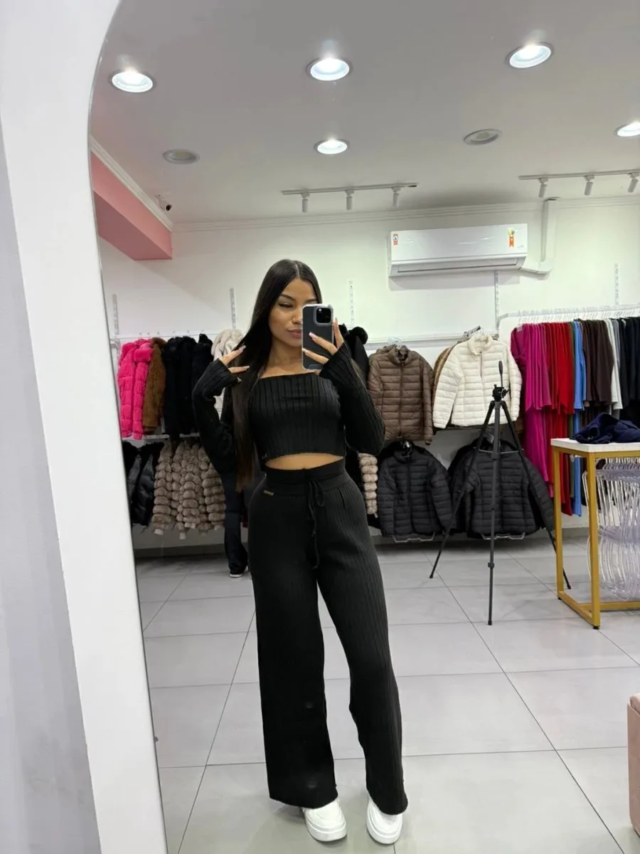 Conjunto Luxxo Modal Mousse Cropped Gola Quadrada E Calça Pantalona Cordinha De Regulagem - foto 1