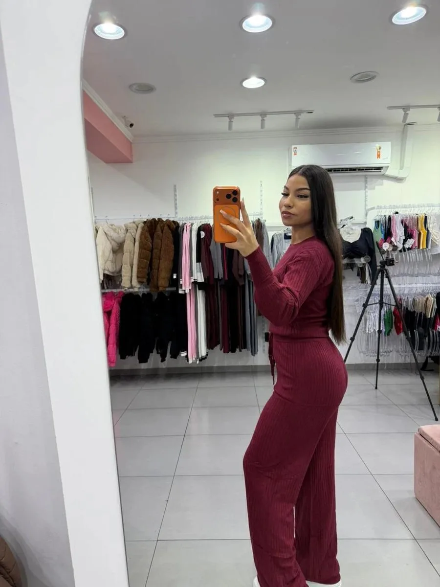 Conjunto Modal Mousse Blusa Manga Longa Com Calça Pantalona Cordinha Regulagem Bordo - foto 2