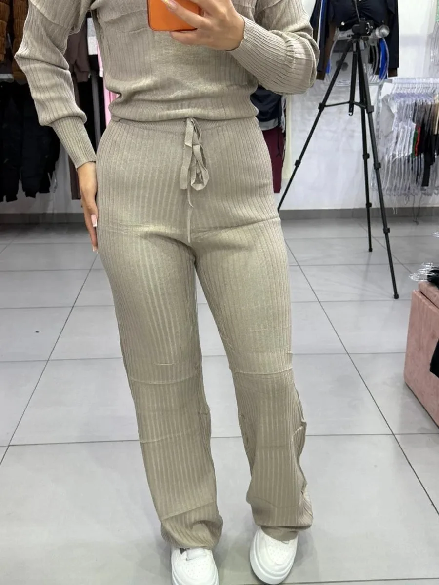 Conjunto Modal Mousse Blusa Manga Longa Com Calça Pantalona Cordinha Regulagem Nude Escuro - foto 4