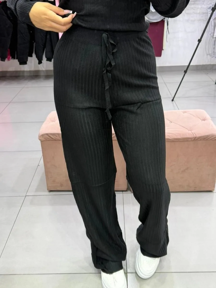 Conjunto Modal Mousse Blusa Manga Longa Com Calça Pantalona Cordinha Regulagem Preto - foto 4