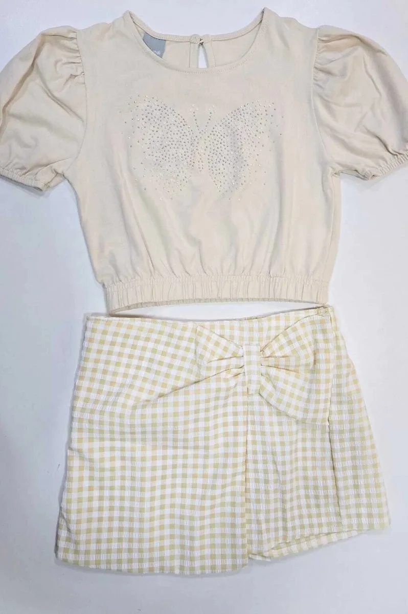Conjunto Mundi Cropped Manga Princesa Estampa Strass e Short Saia Xadrez - foto 2