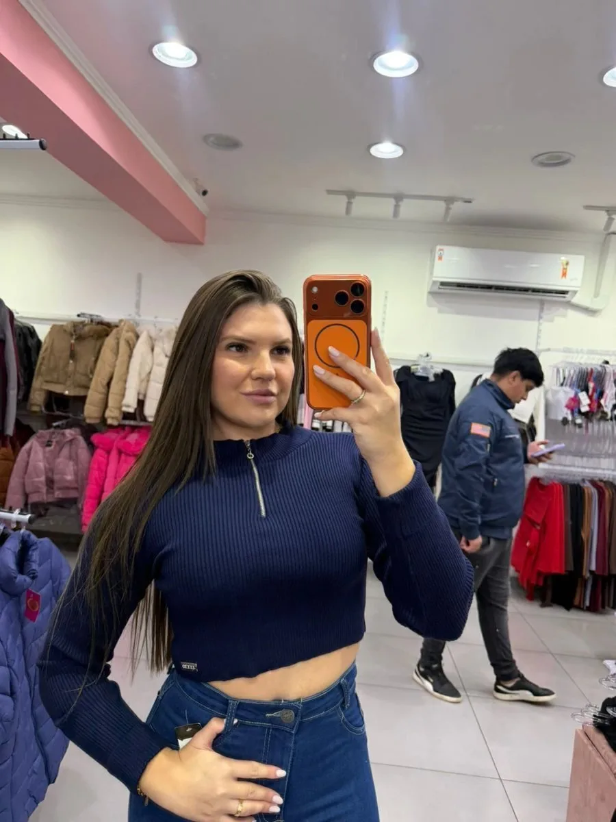Cropped Luxxo Modal Com Ziper E Punho Dobrado Azul - foto 1