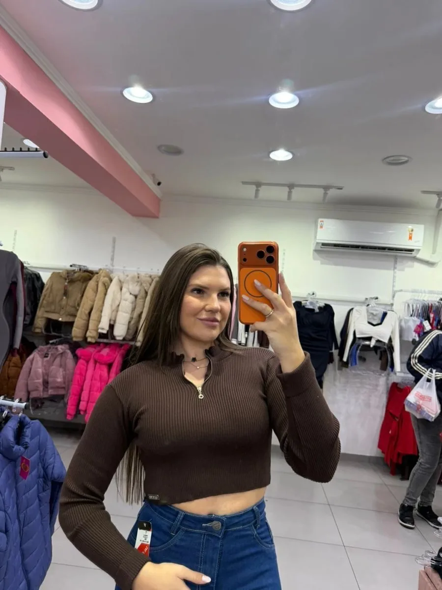 Cropped Luxxo Modal Com Ziper E Punho Dobrado Marrom - foto 2