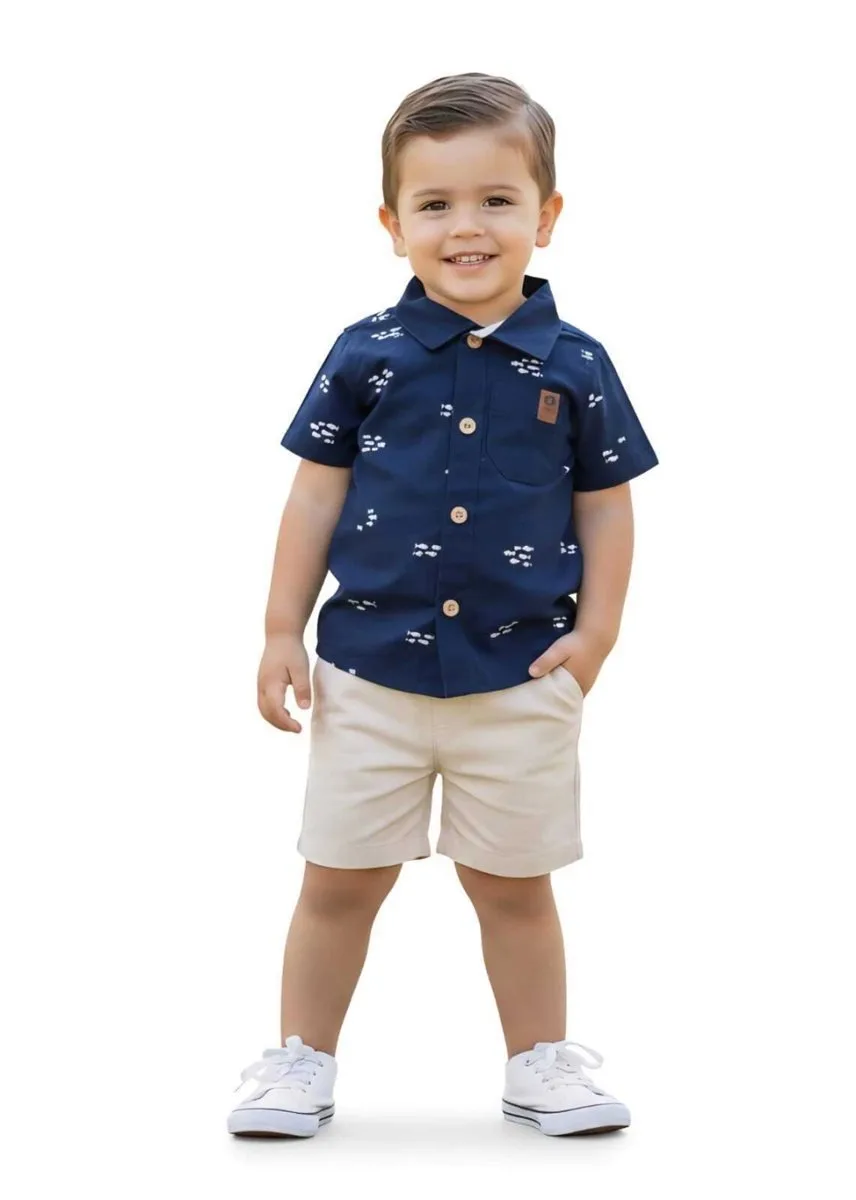 Conjunto Infantil Menino Camisa tricoline e Bermuda sarja - Mundi - foto 1