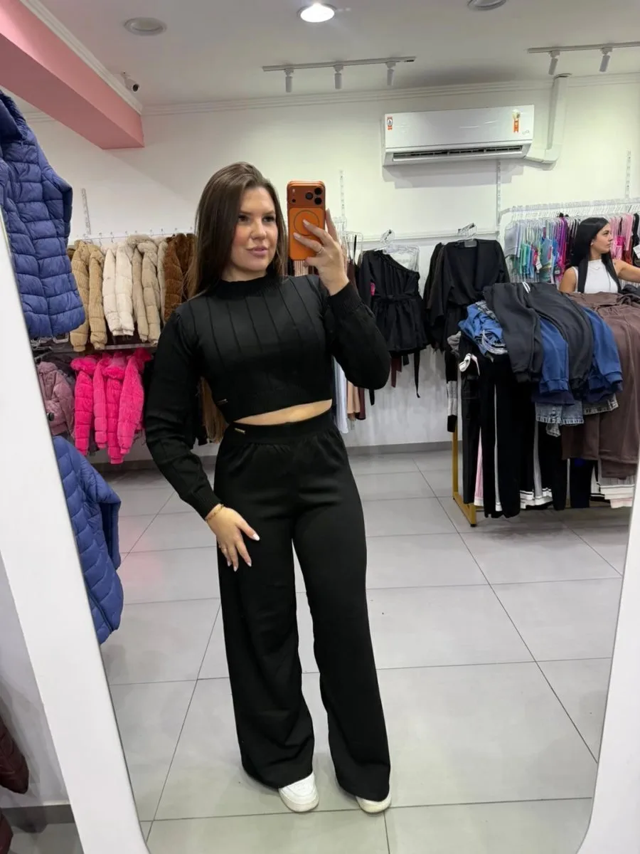 Conjunto Luxxo Cropped Com Detalhes Linhas E Gola Calça Pantalona Preto - foto 1